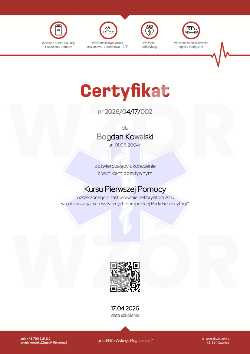 Wzór certyfikatu ukończenia kursu pierwszej pomocy online med4life